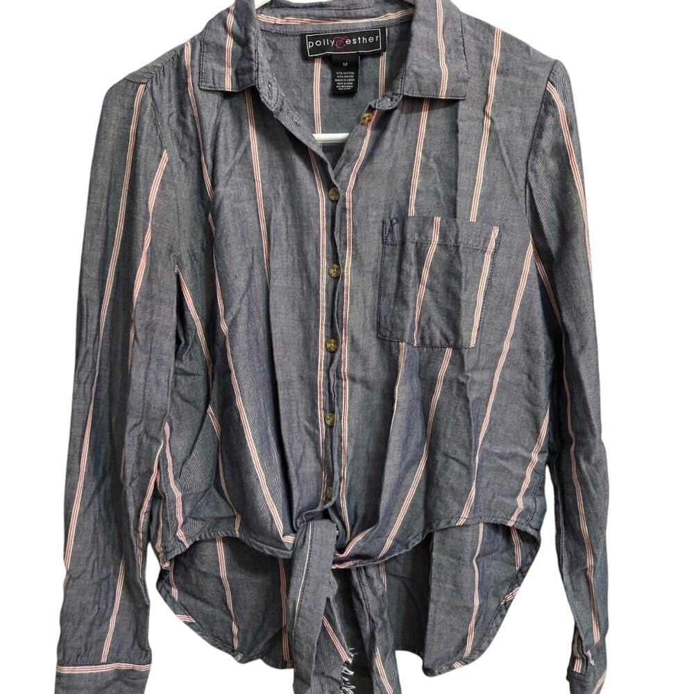 Poly & Esther Woman's Grey with Red and White Stripes Button Down Shirt size M - Picture 4 of 8